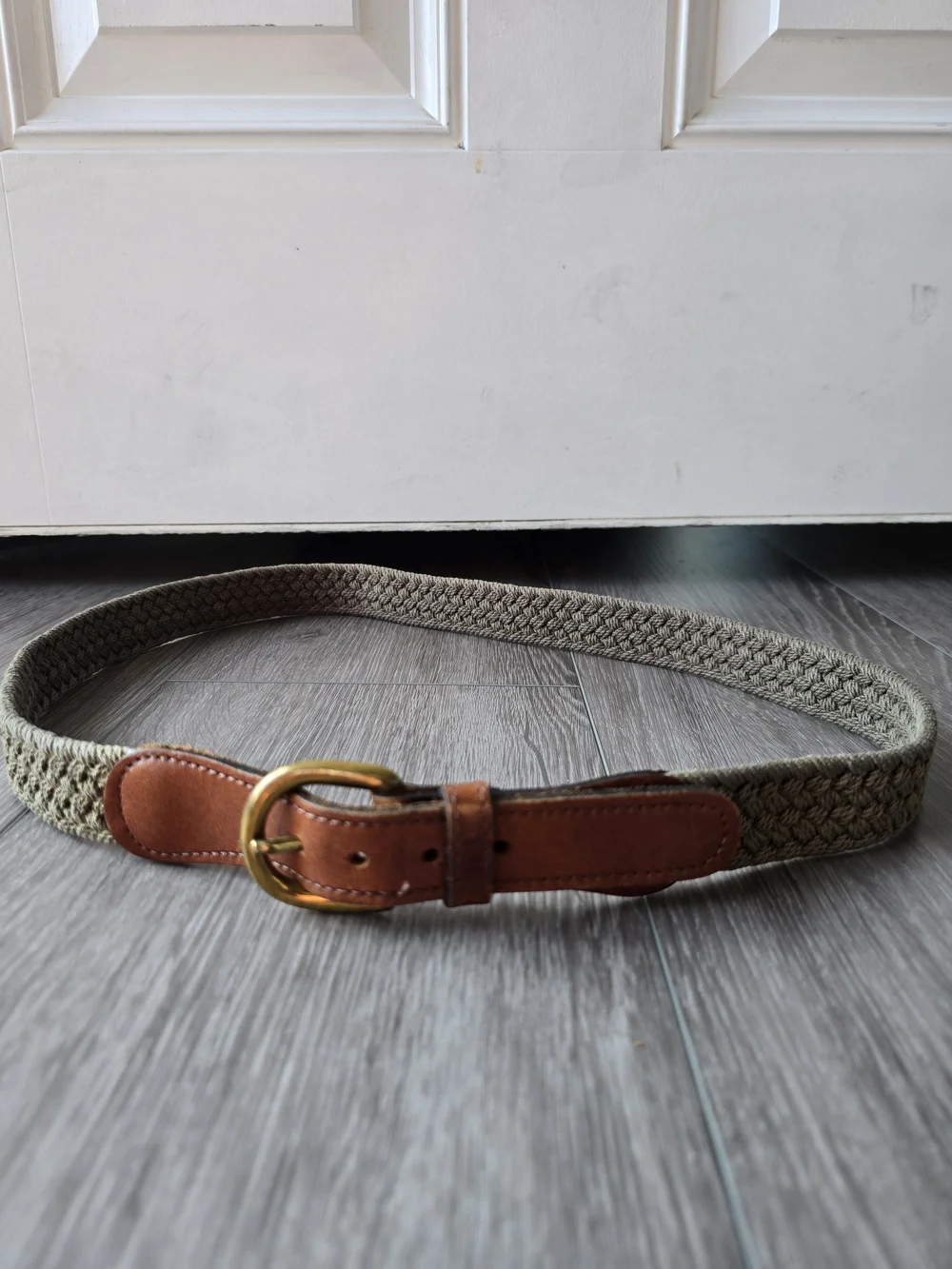 Vintage Woven Macrame Belt 38 Olive Green Braided Cotton Solid Brass Buckle USA